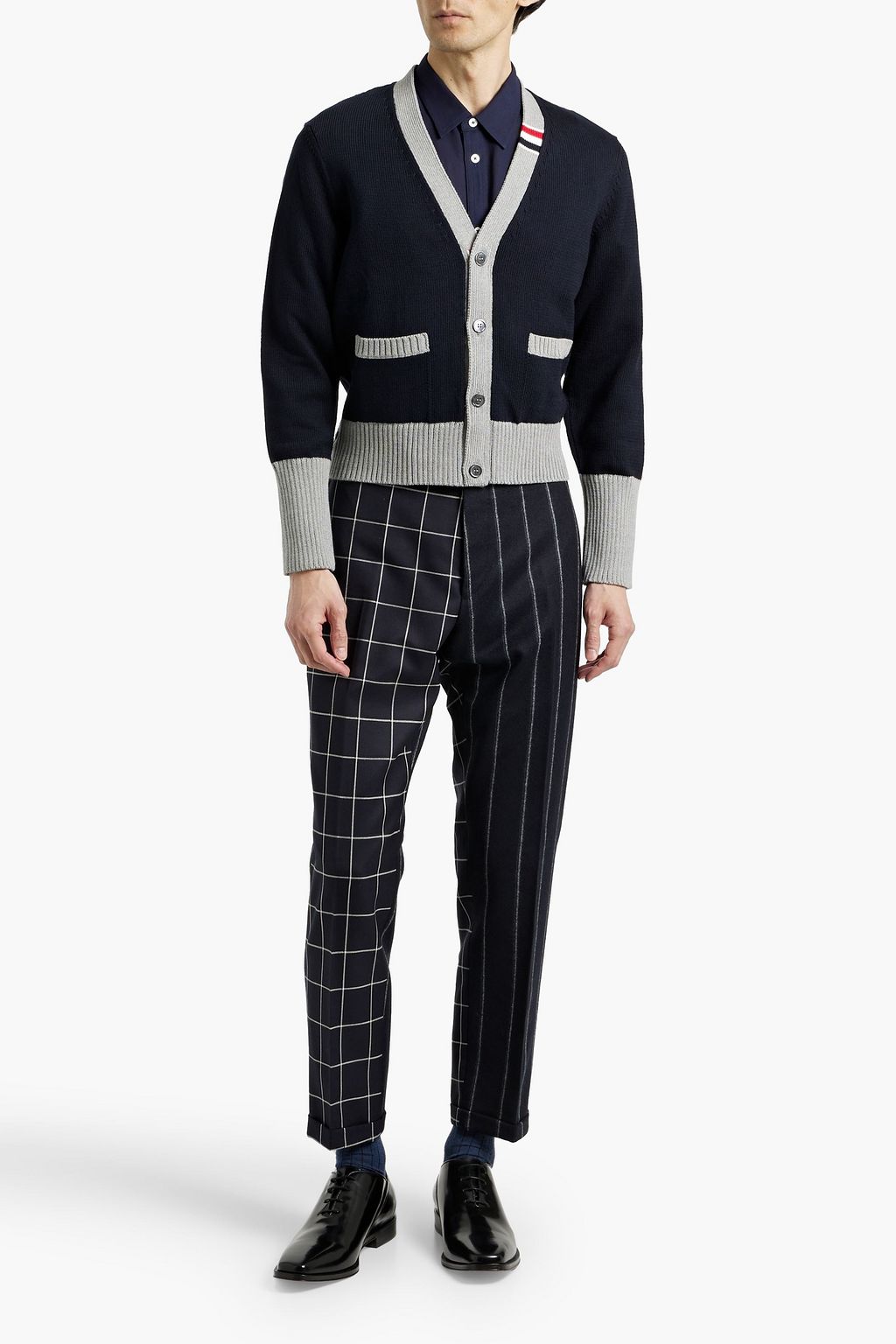 THOM BROWNE Cropped striped wool-flannel and checked twill pants