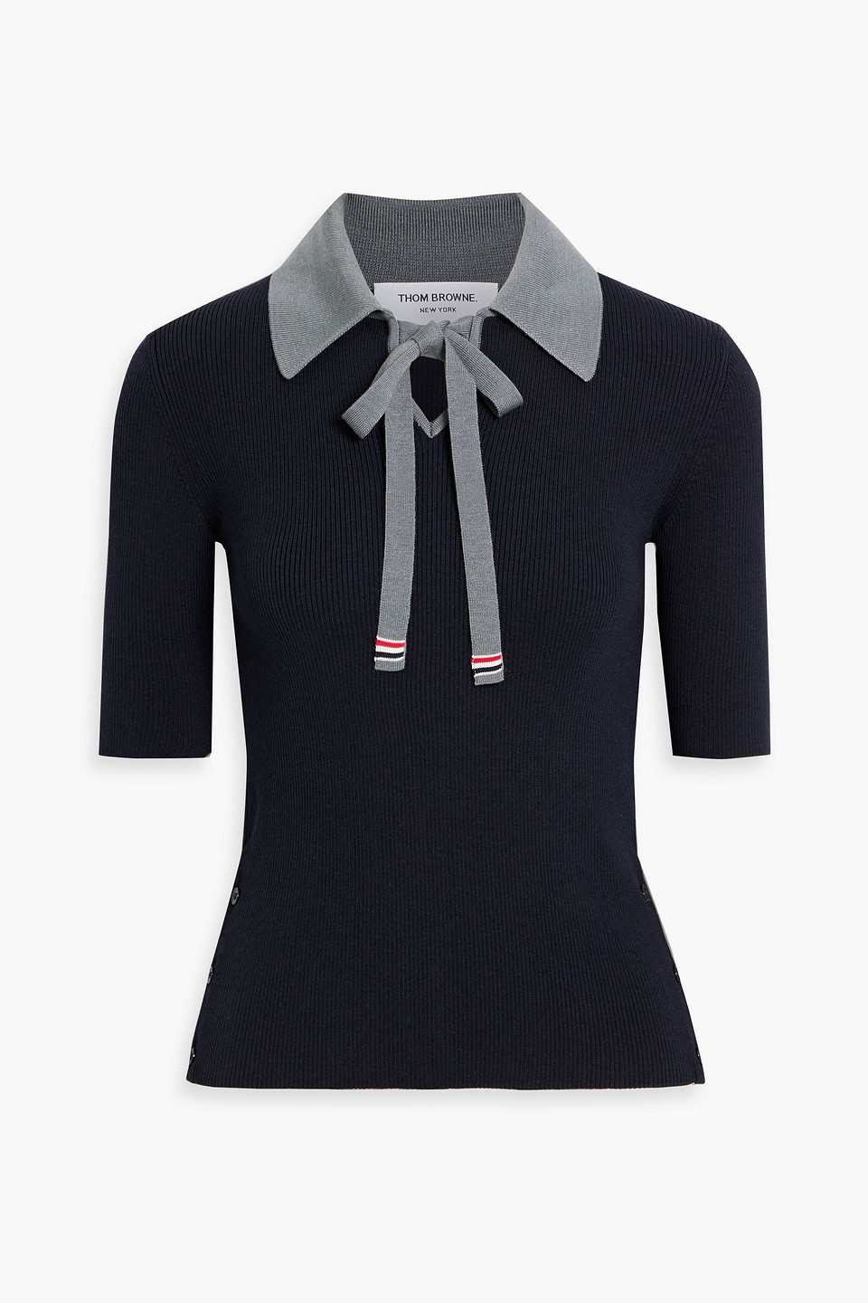 Thom Browne Tie-neck Ribbed Wool-blend Polo Shirt In Midnight Blue