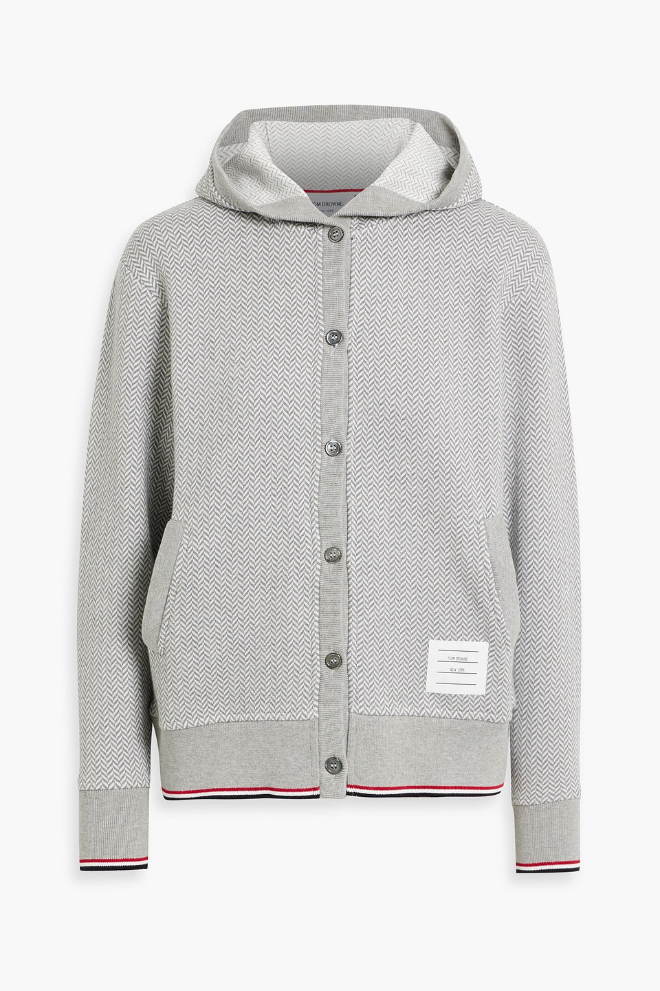 Thom Browne Herringbone Cotton Hooded Cardigan In Light Gray