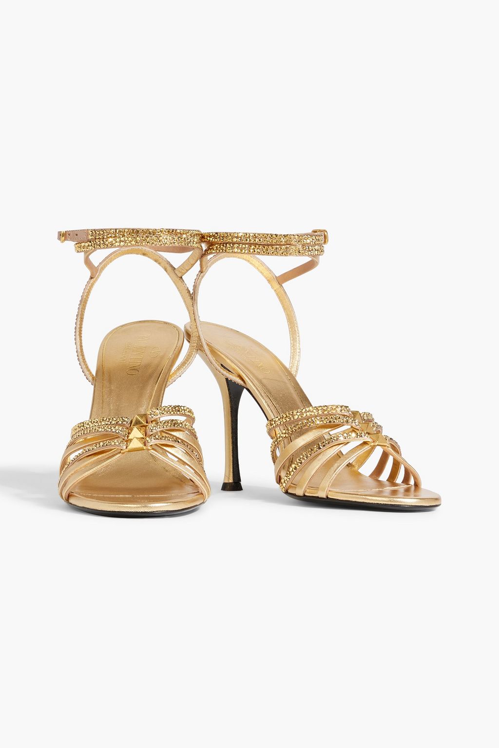 VALENTINO GARAVANI Rockstud crystal-embellished metallic leather sandals