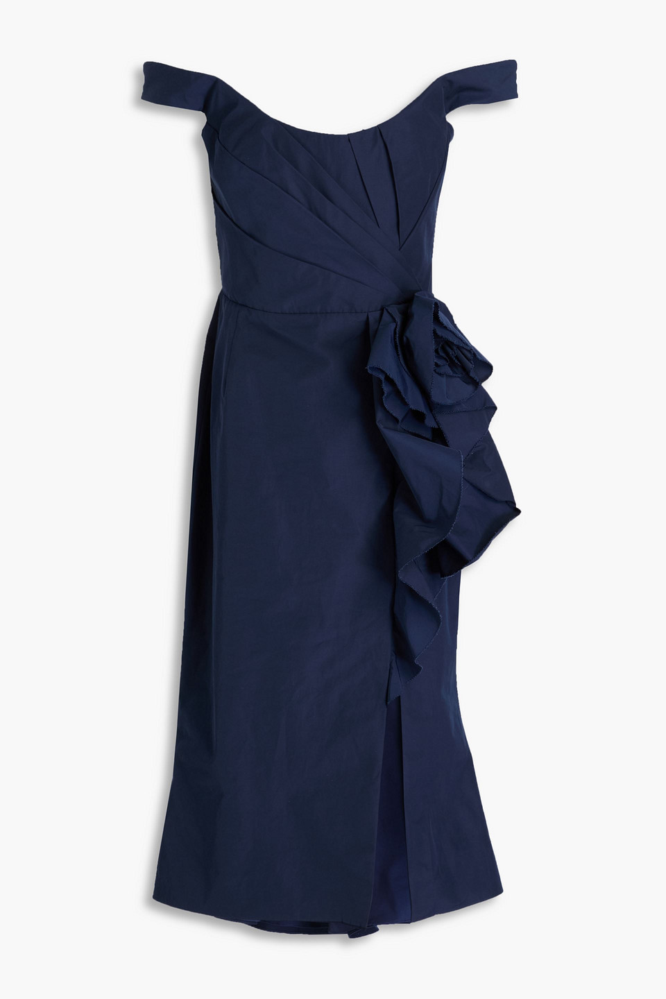 Off-the-shoulder floral-appliquéd taffeta midi dress