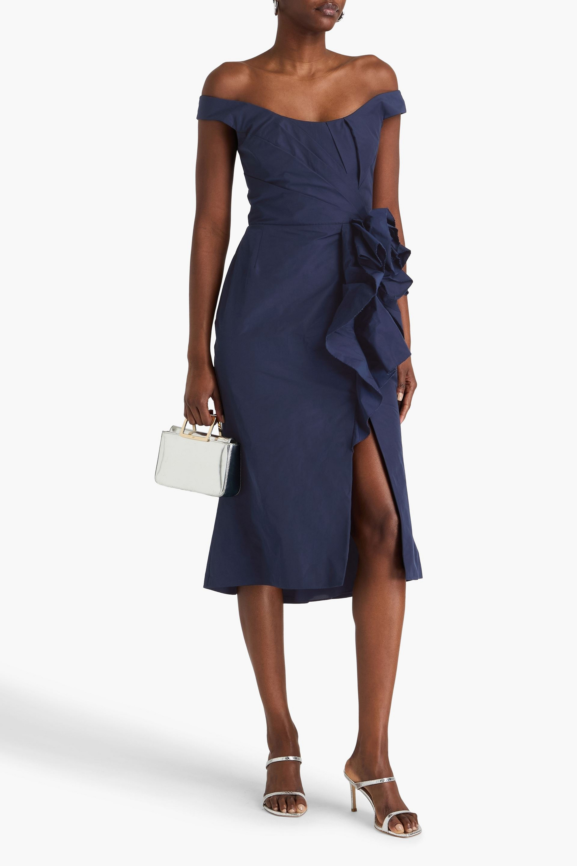 MARCHESA NOTTE Off-the-shoulder floral-appliquéd taffeta midi dress