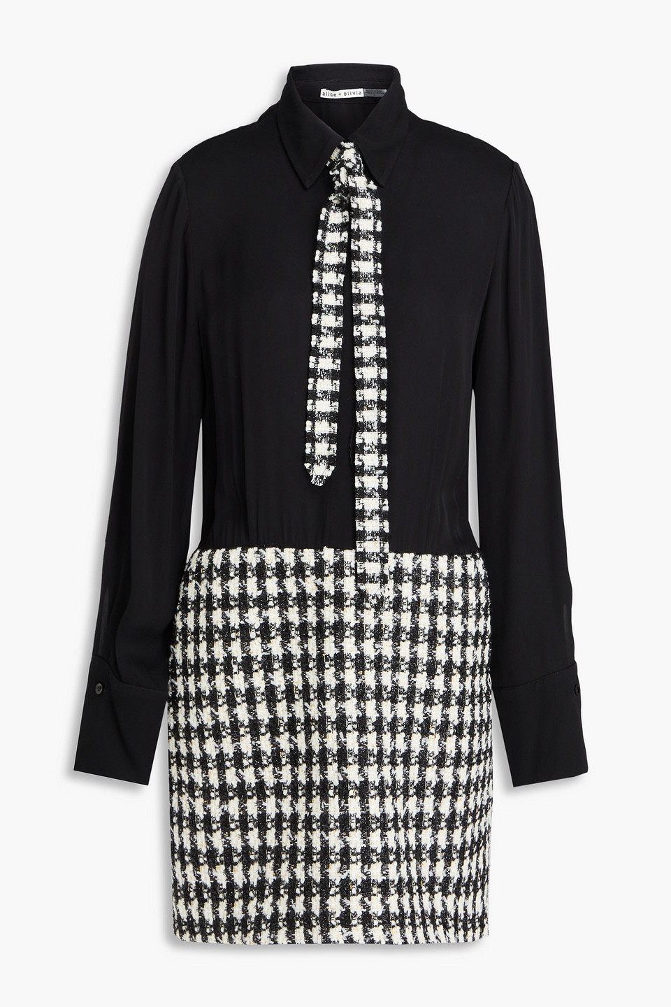Alice And Olivia Mattie Metallic Houndstooth Tweed And Twill Mini Shirt Dress In Black