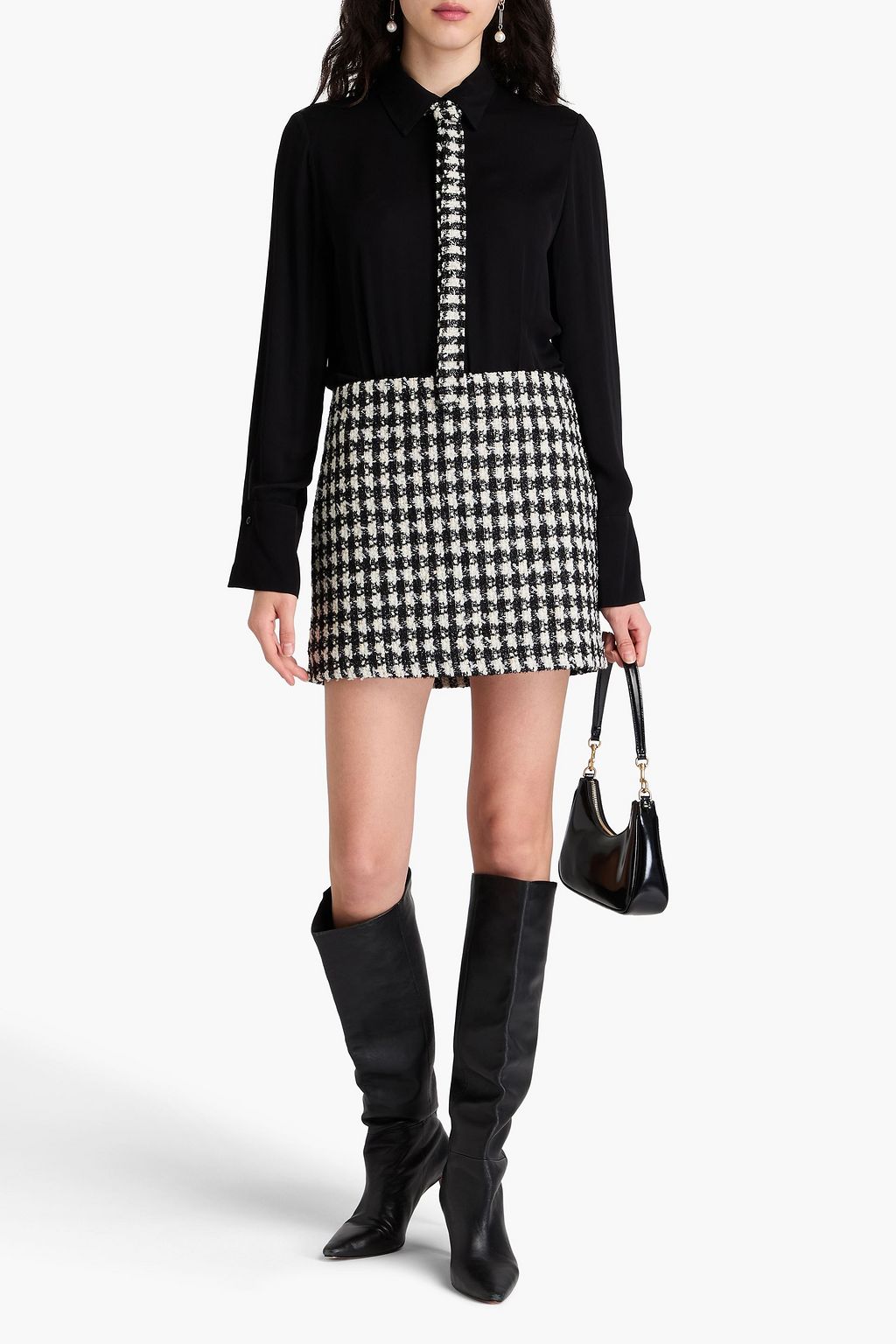 ALICE + OLIVIA Mattie metallic houndstooth tweed and twill mini shirt dress