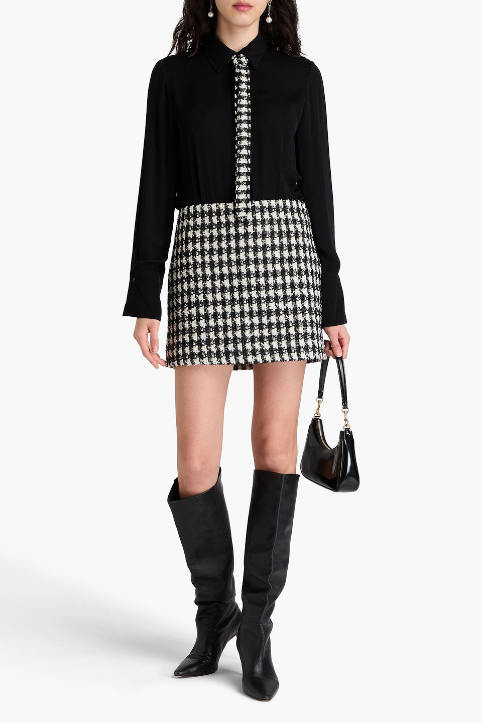 Alice And Olivia Mattie Metallic Houndstooth Tweed And Twill Mini Shirt Dress In Black