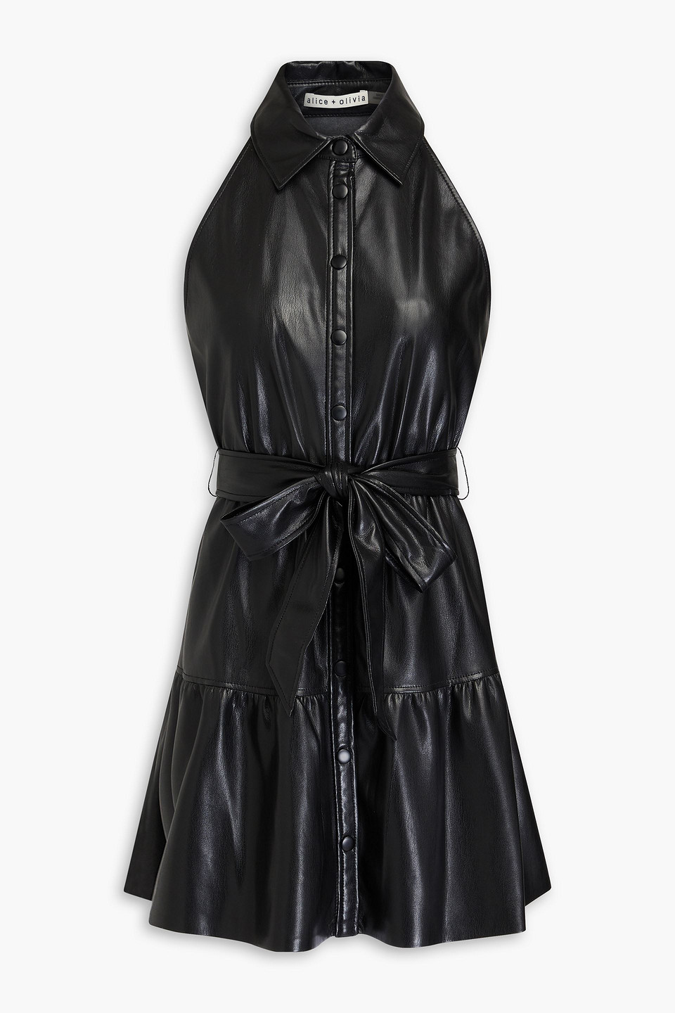 alice and olivia black leather dress Alice + Olivia Frances Vegan Leather Puff Sleeve Mini Dress Black 4
