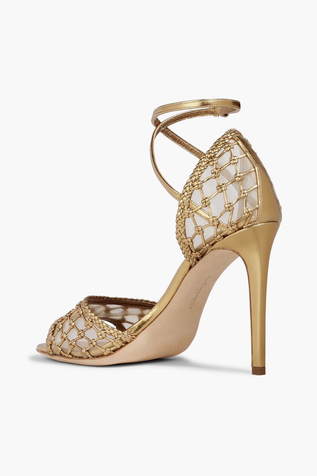 FERRAGAMO Ines braided metallic leather and tulle sandals