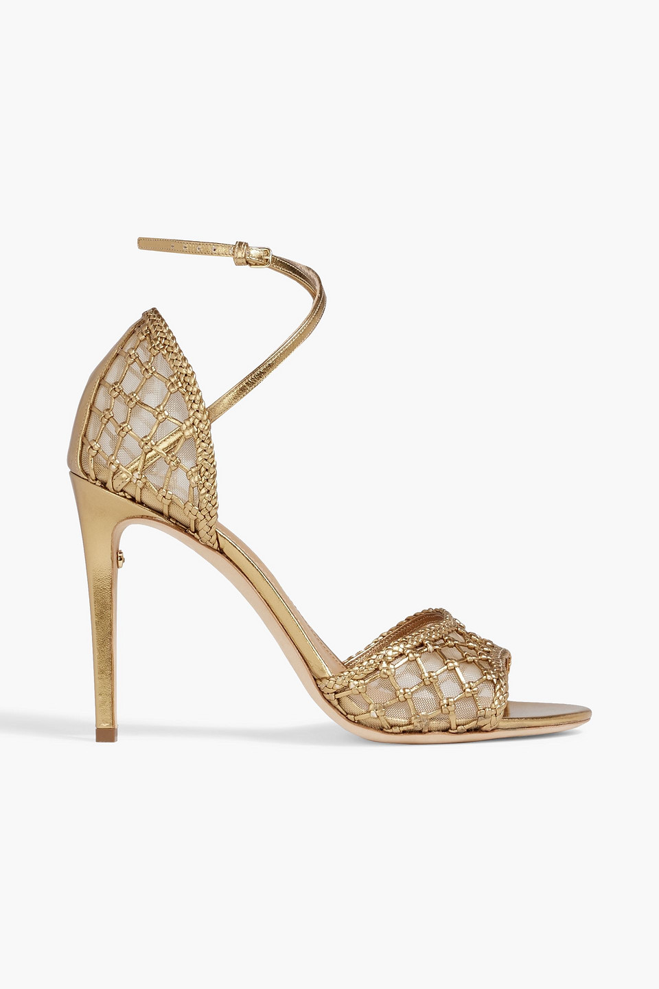 Ferragamo Ines Braided Metallic Leather And Tulle Sandals In Gold