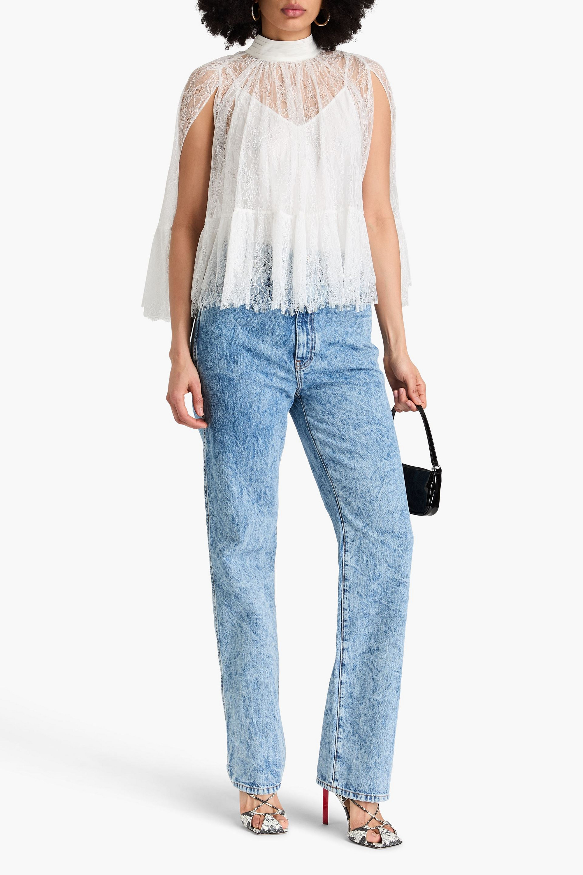 alice + olivia Cape-effect pleated Chantilly lace top