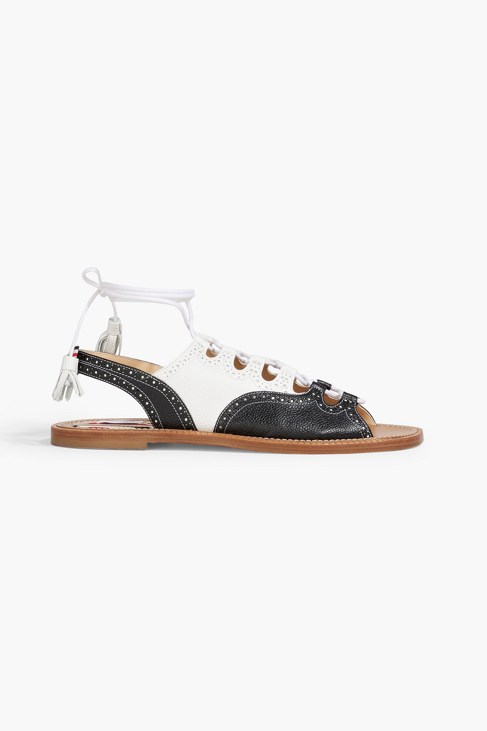 Thom Browne Ghillie Lace-up Two-tone Pebbled-leather Sandals In Black