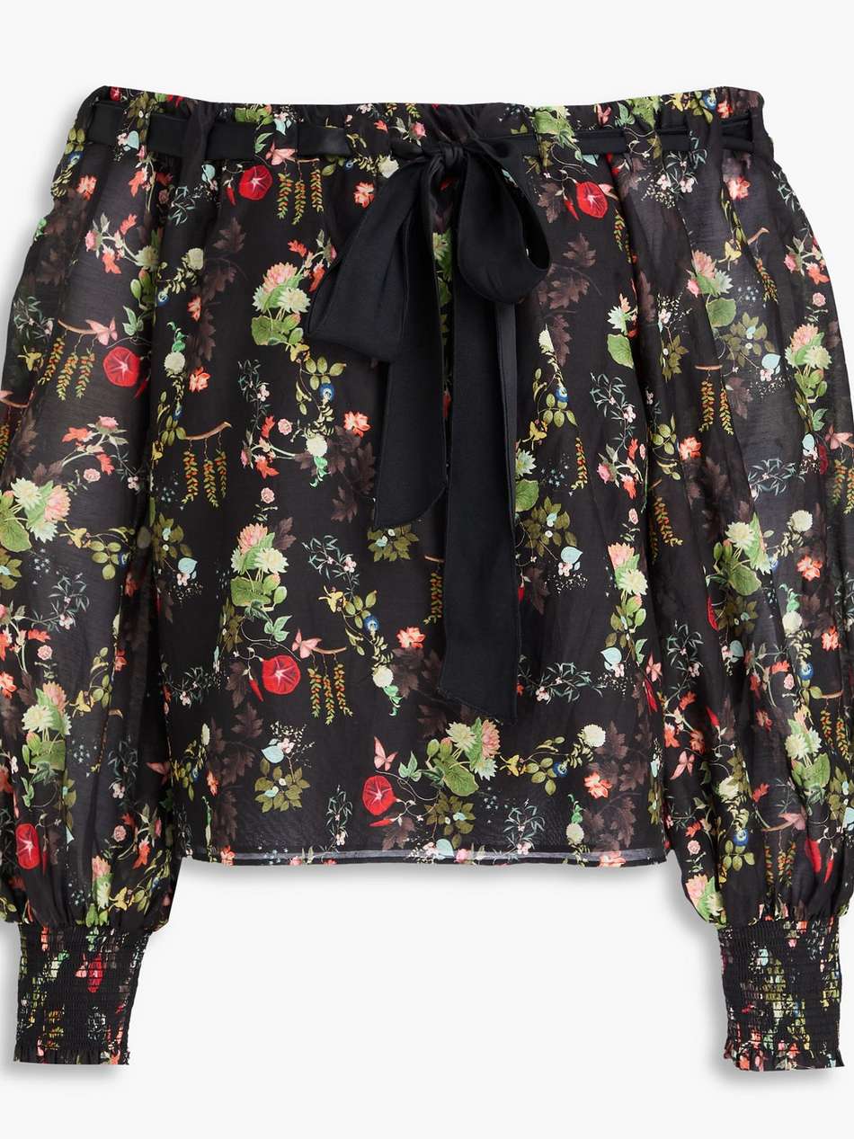 off-the-shoulder floral-print cotton and silk-blend voile top