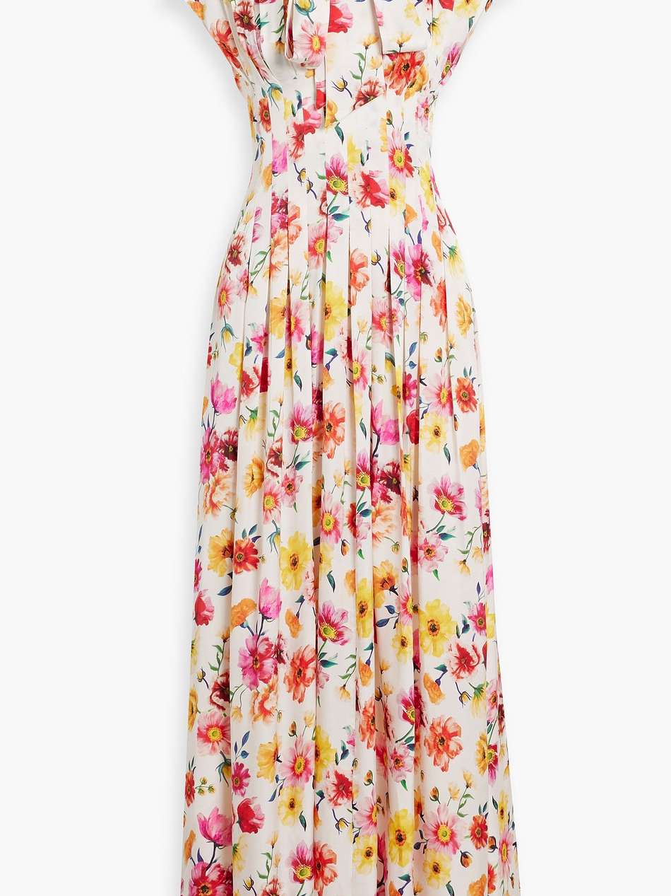 pussy-bow pleated floral-print satin maxi dress