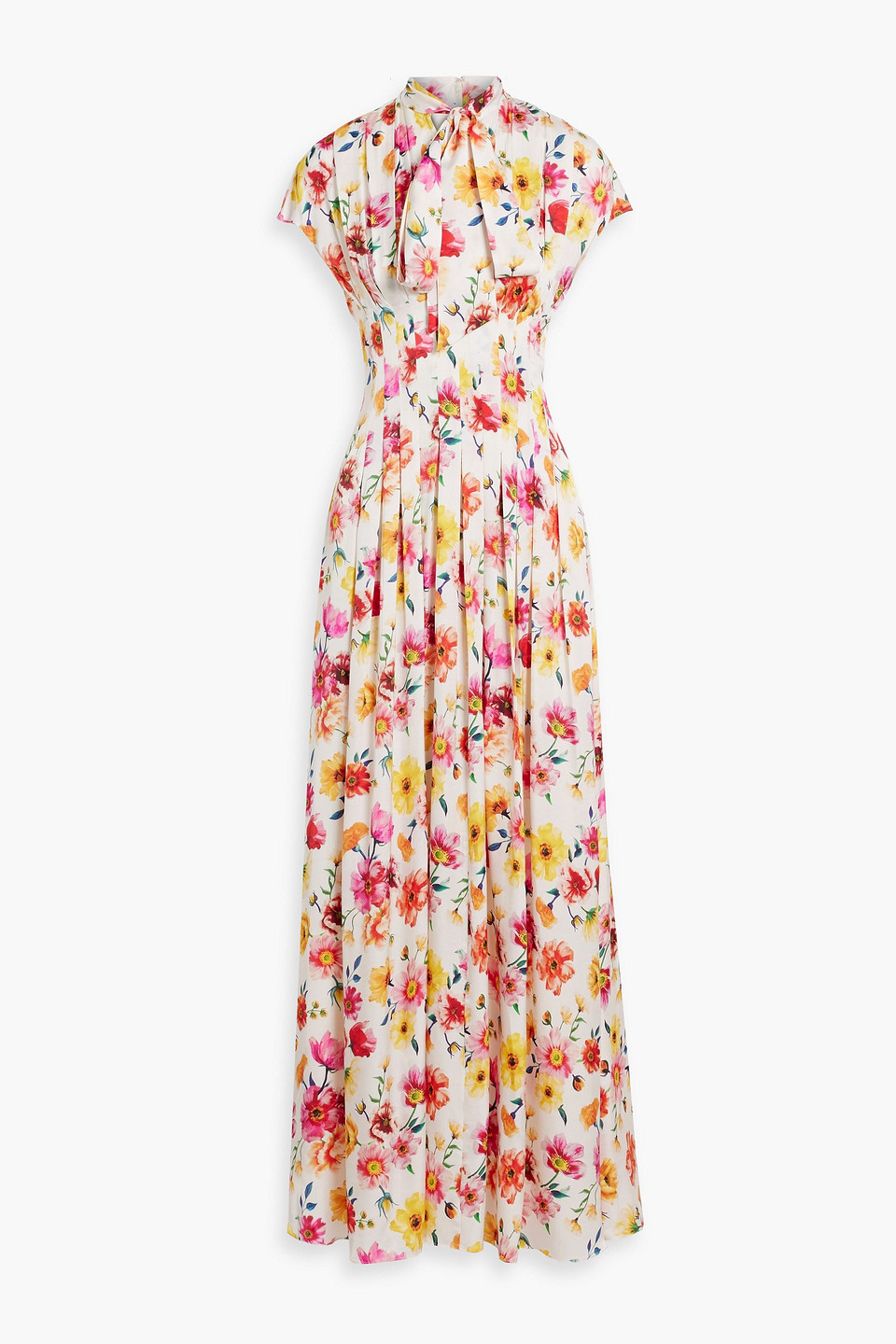 Pussy-bow pleated floral-print satin maxi dress