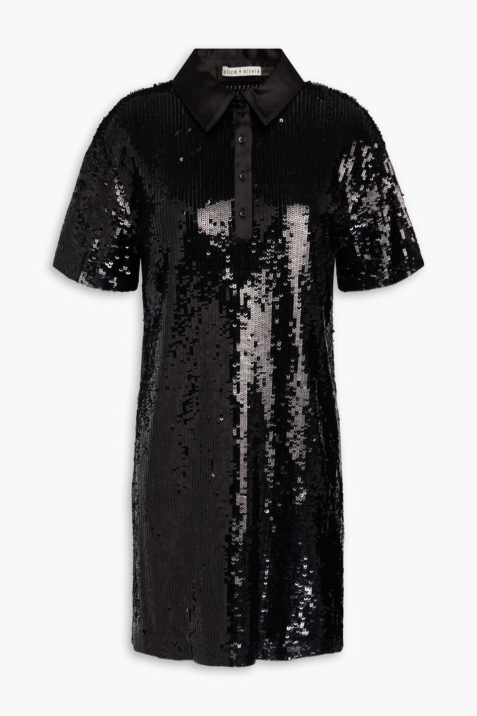 Alice And Olivia Treva Sequined Stretch-tulle Mini Shirt Dress In Black