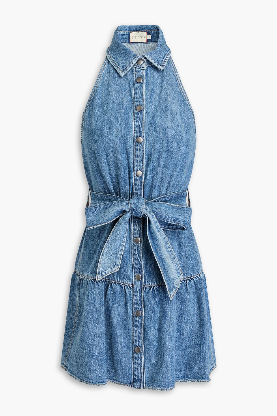 Alice And Olivia Belted Denim Mini Shirt Dress In Mid Denim