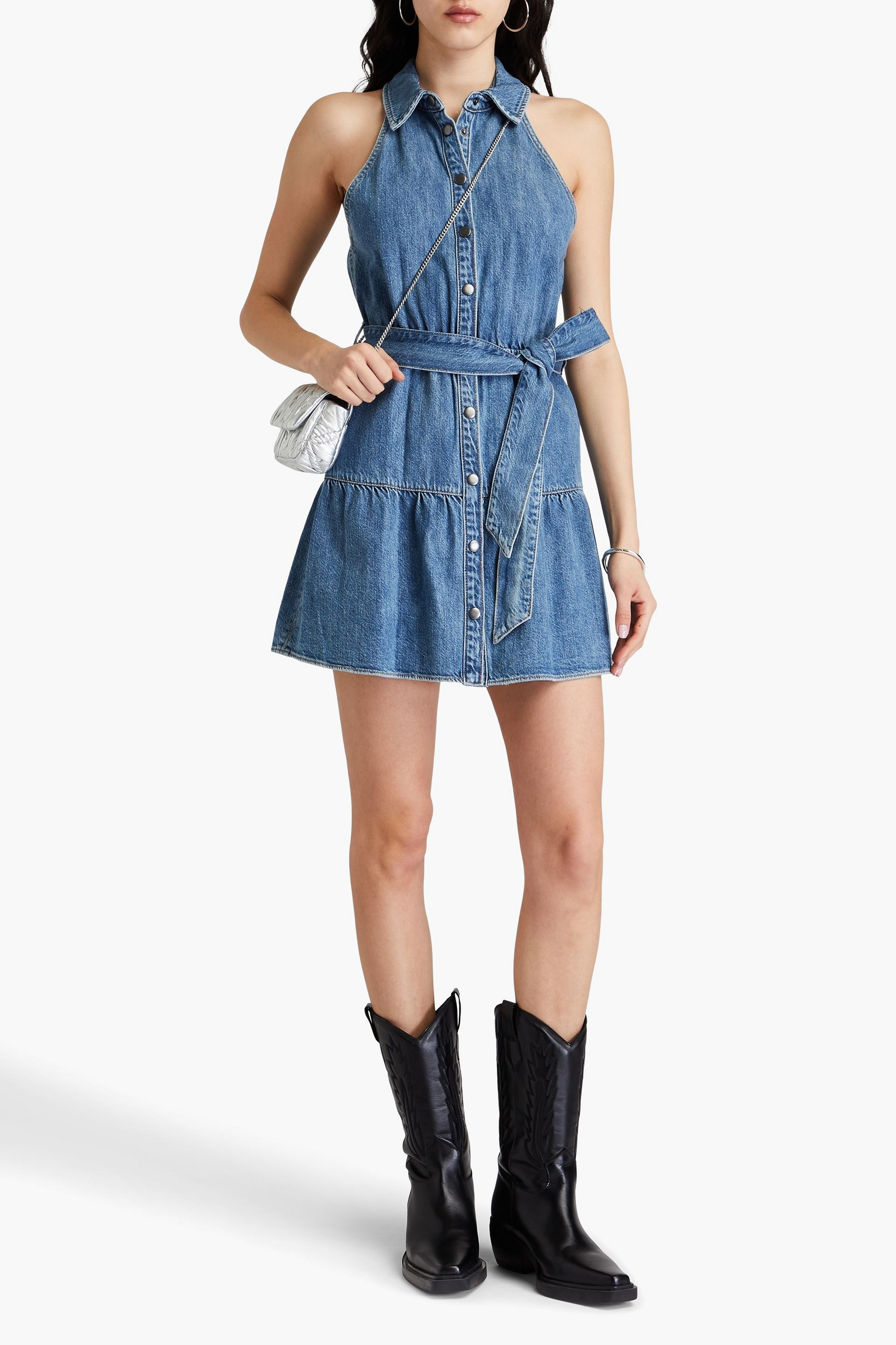 ALICE + OLIVIA JEANS Belted denim halterneck mini dress
