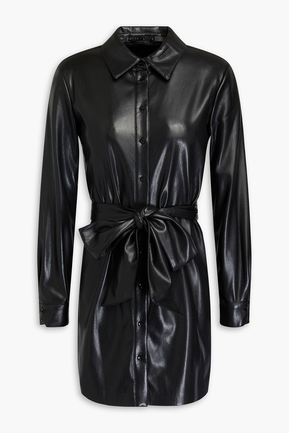 Alice And Olivia Chassidy Vegan Leather Mini Shirtdress In Black