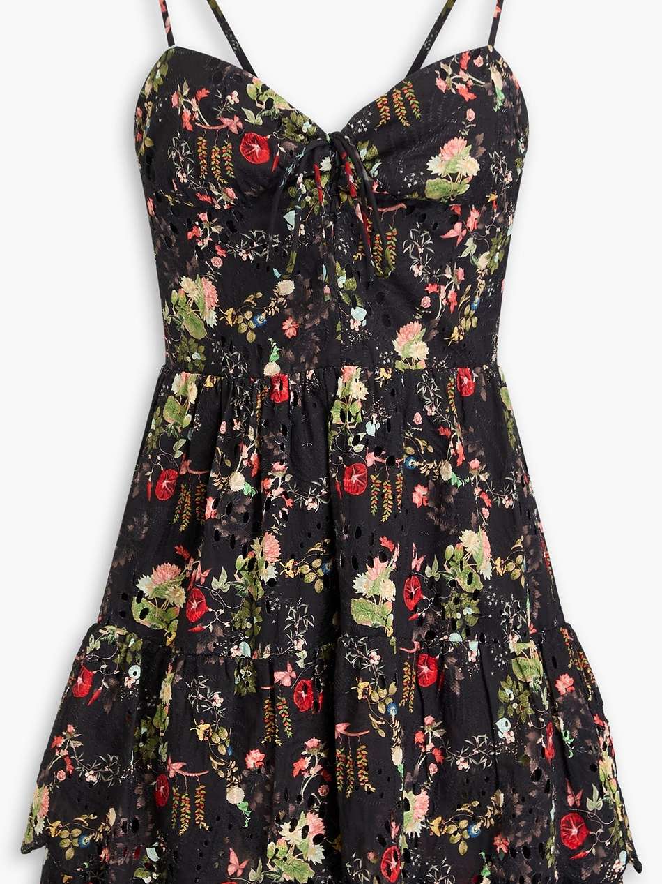 tiered floral-print broderie anglaise cotton mini dress