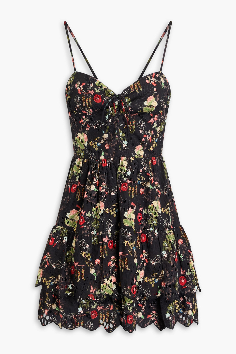 Alice And Olivia Tiered Floral-print Broderie Anglaise Cotton Mini Dress In Black