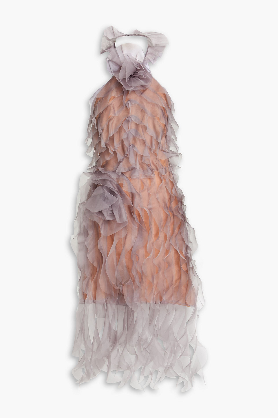 Marchesa Notte Floral-appliquéd Ruffled Silk-organza Halterneck Dress In Grau