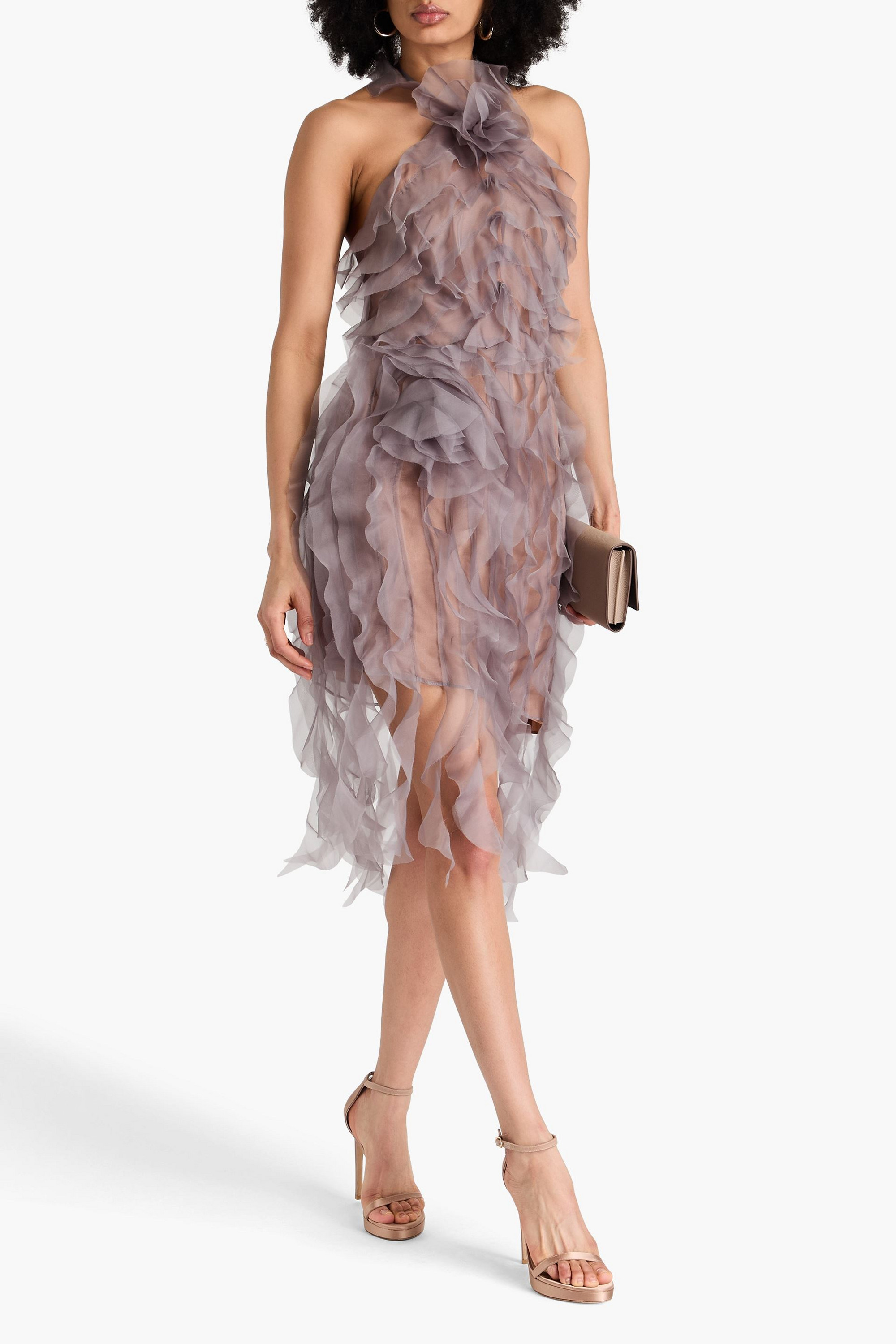 MARCHESA NOTTE Floral-appliquéd ruffled silk-organza halterneck dress
