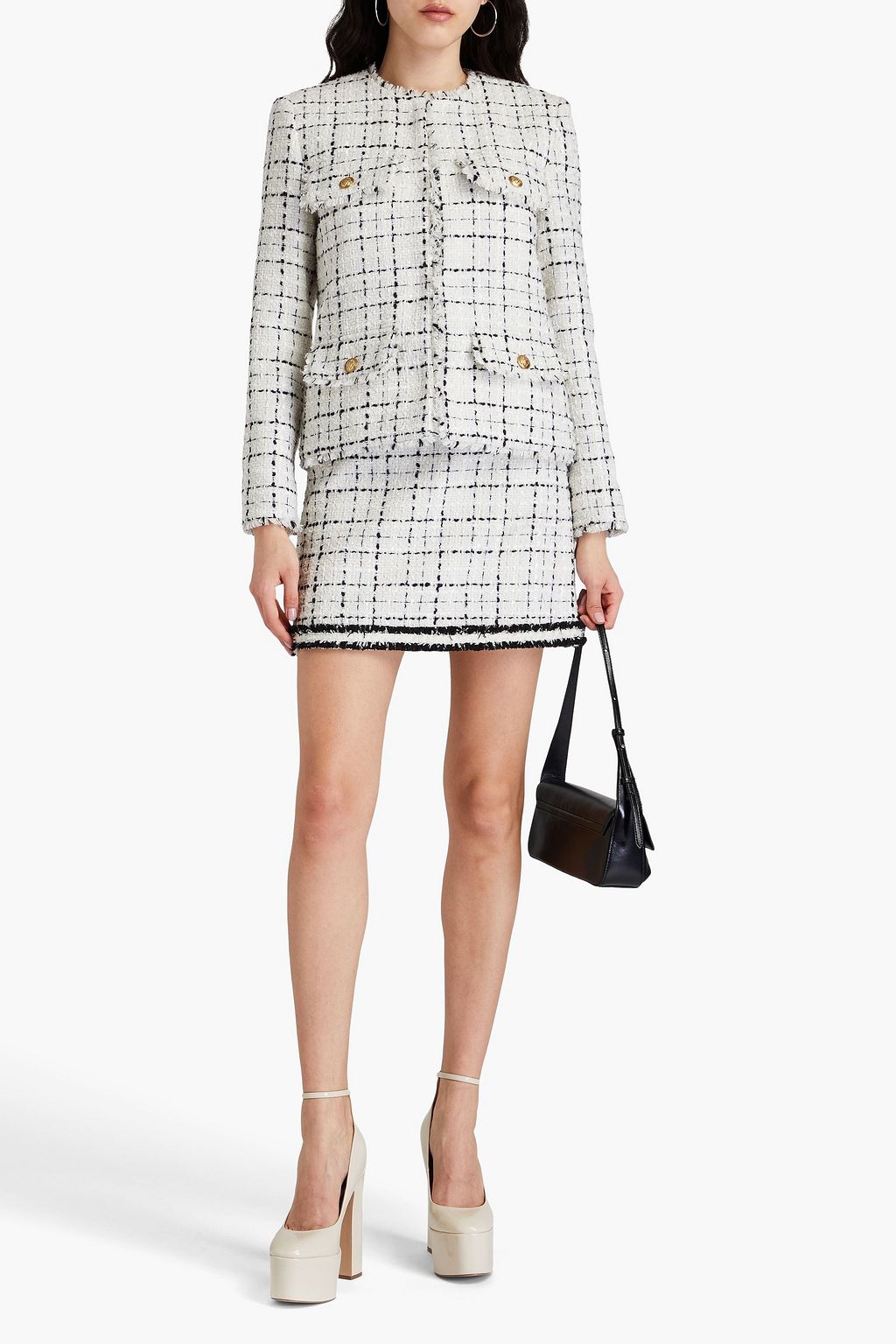 ALICE + OLIVIA جاكيت من التويد بنقشة مربعات وحواف منسّلة