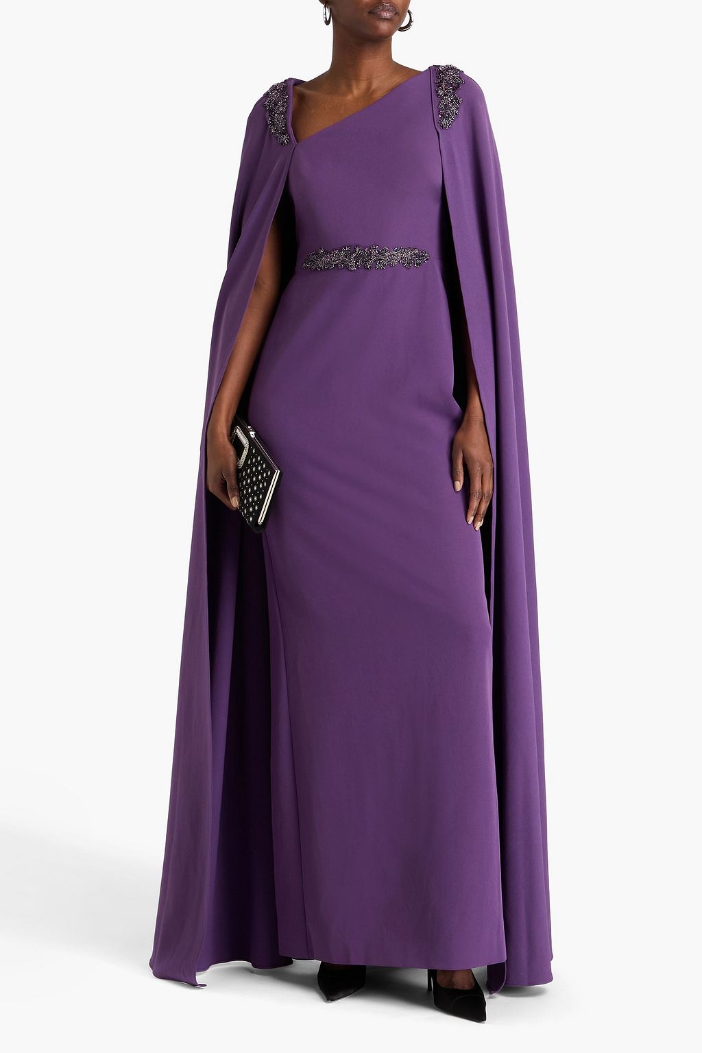 MARCHESA NOTTE クレープ ロングドレス ケープ風 ビーズ付き