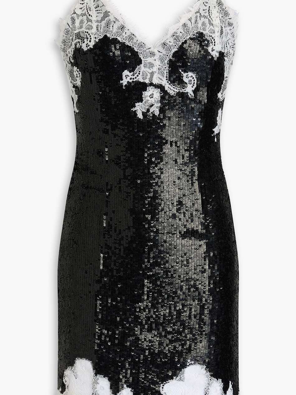 lace-trimmed sequined stretch-tulle mini dress