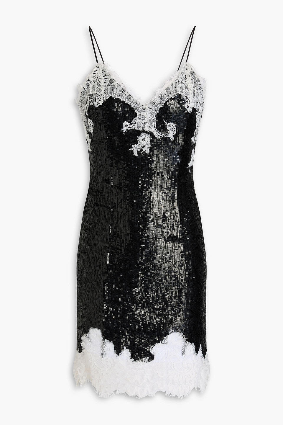 Lace-trimmed sequined stretch-tulle mini dress