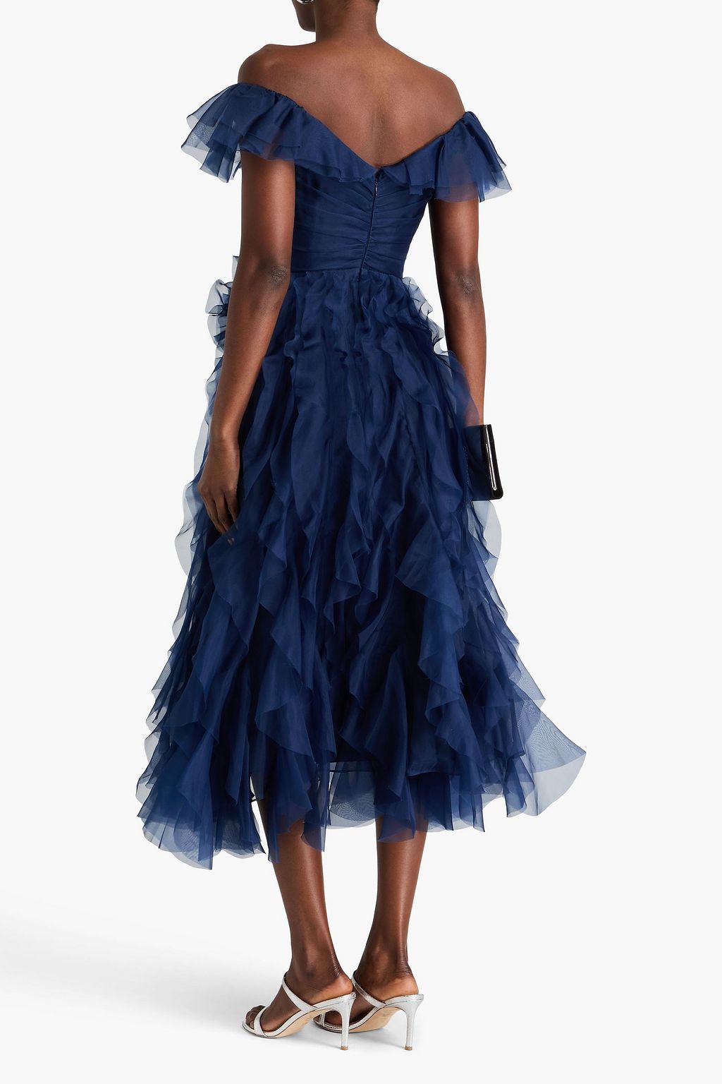 MARCHESA NOTTE シルクオーガンザ ミディワンピース オフショルダー ラッフル付き
