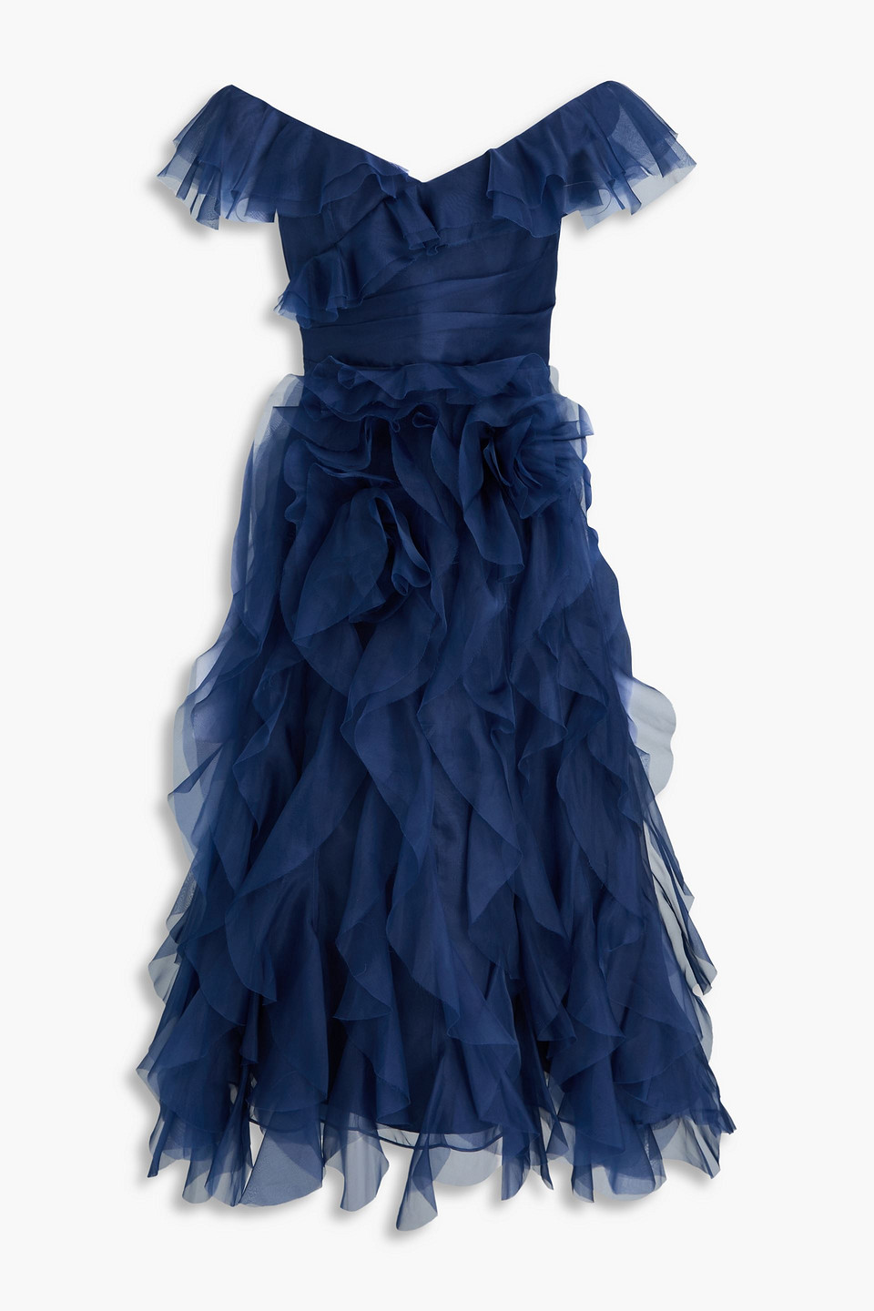 Marchesa Notte Off-the-shoulder Ruffled Silk-organza Midi Dress In Navy