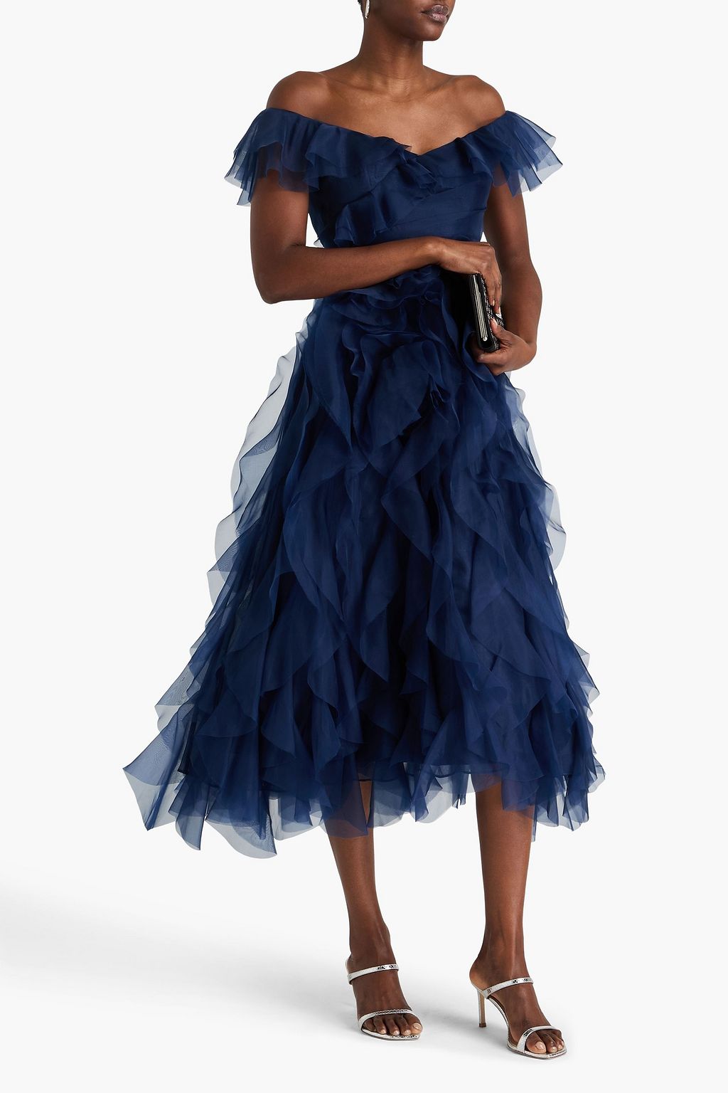 MARCHESA NOTTE シルクオーガンザ ミディワンピース オフショルダー ラッフル付き