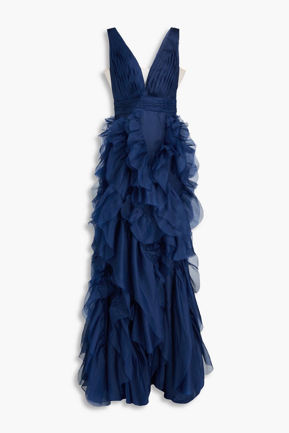 Marchesa Notte Ruffled Silk-organza Gown In Marineblau