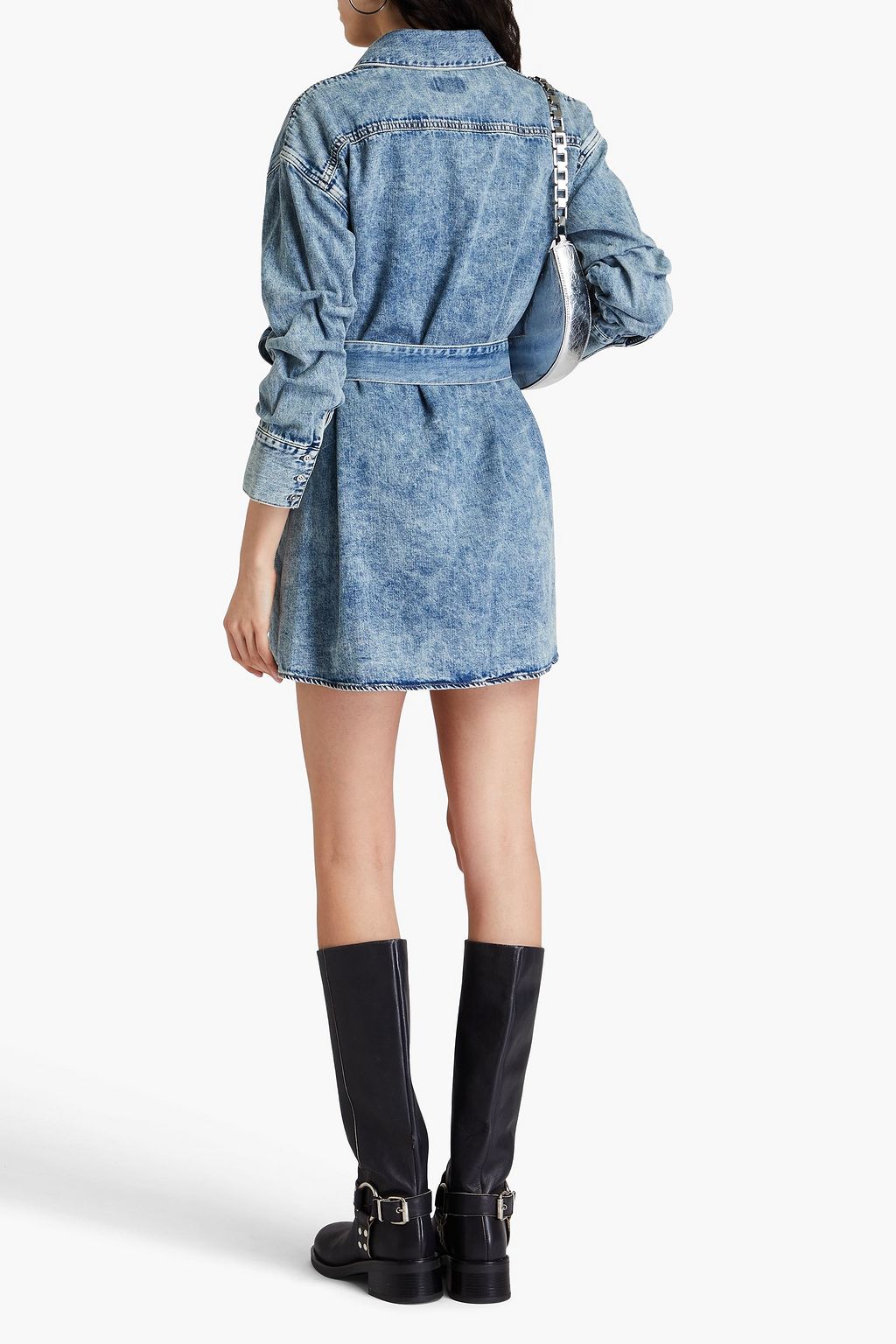 ALICE + OLIVIA JEANS デニム ミニシャツワンピース ベルト付き ケミカルウォッシュ