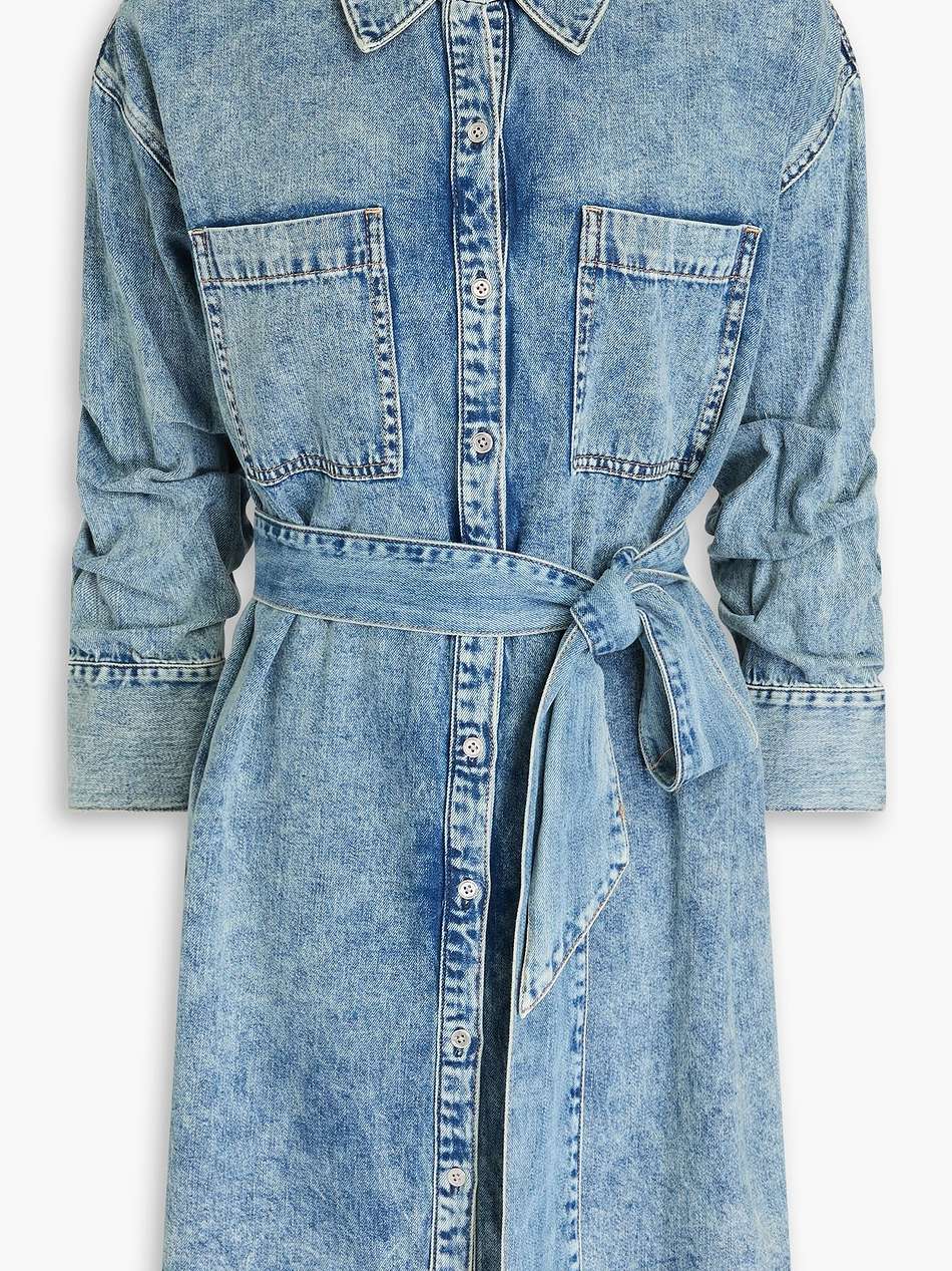 belted acid-wash denim mini shirt dress