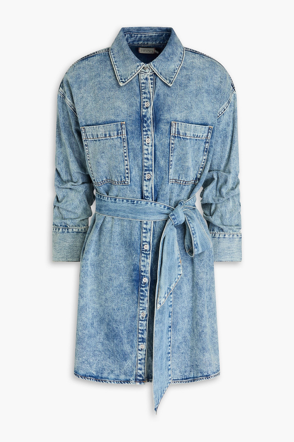 Belted acid-wash denim mini shirt dress