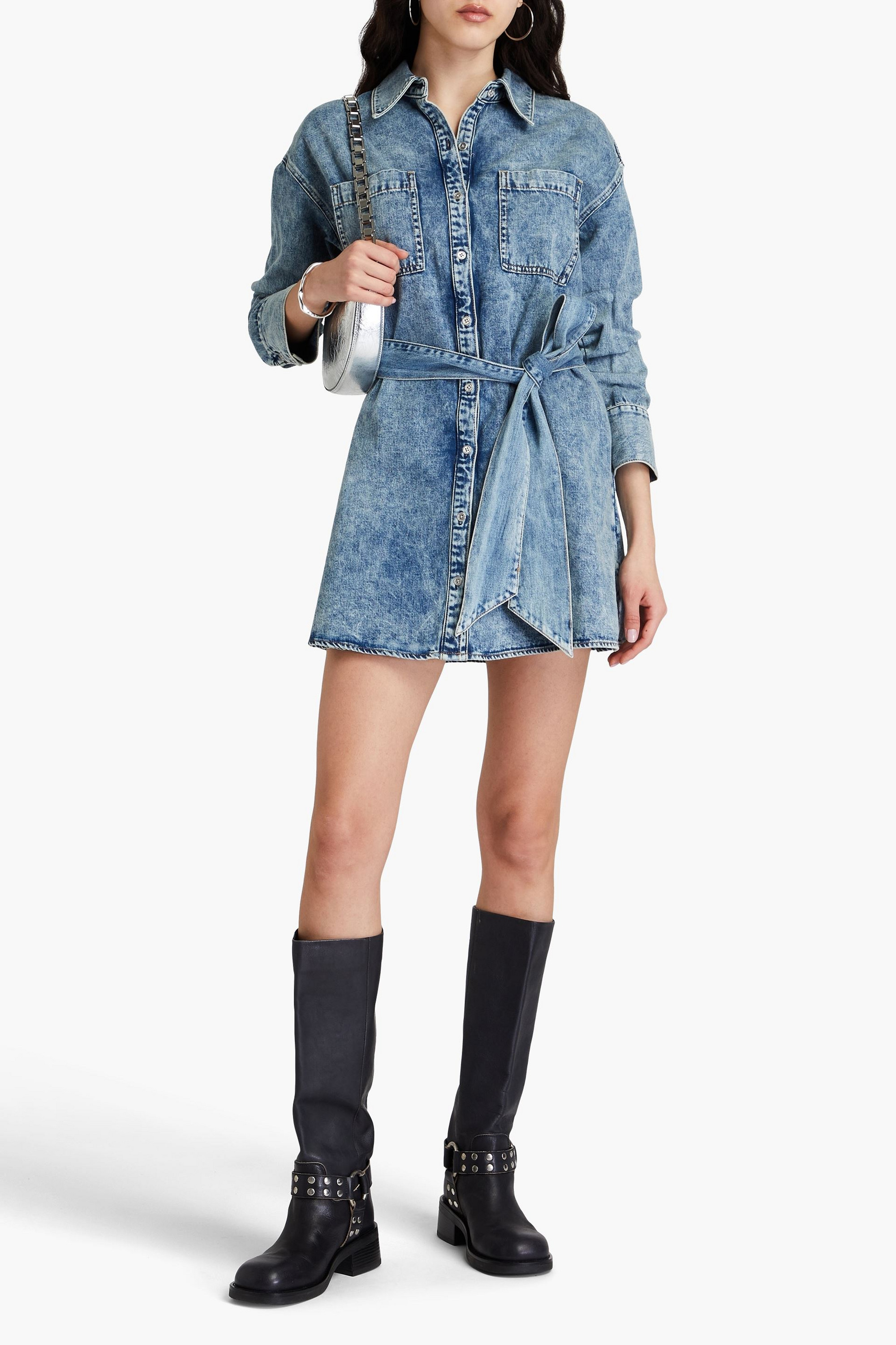ALICE + OLIVIA JEANS Belted acid-wash denim mini shirt dress