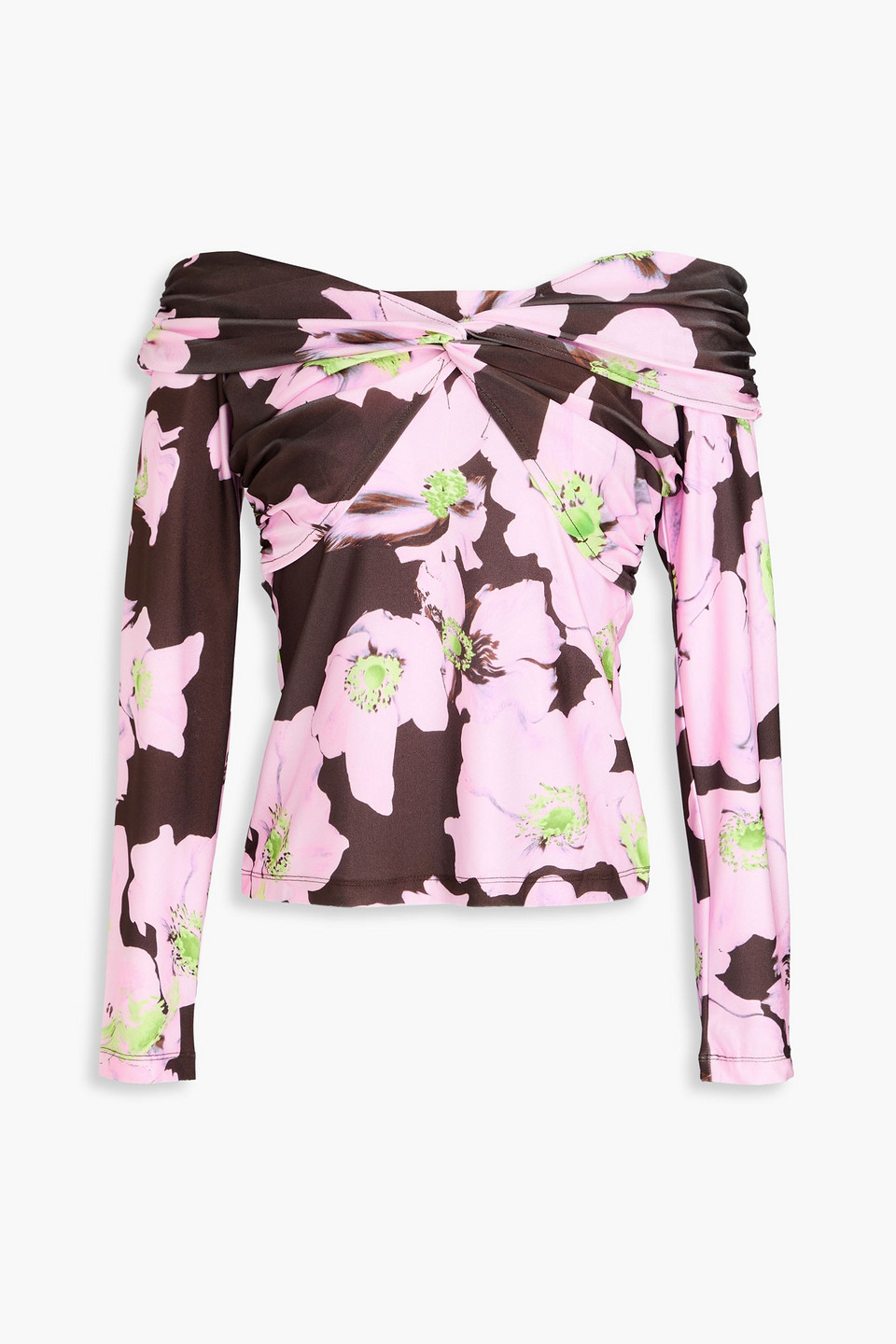 Stine Goya Yuna Off-the-shoulder Floral-print Satin-jersey Top In Baby-pink
