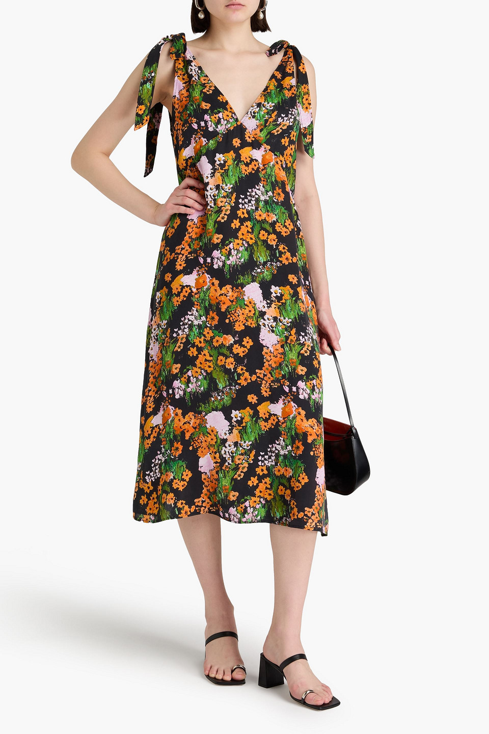 Shop Stine Goya Naima Floral-print Satin-crepe Midi Dress In Schwarz