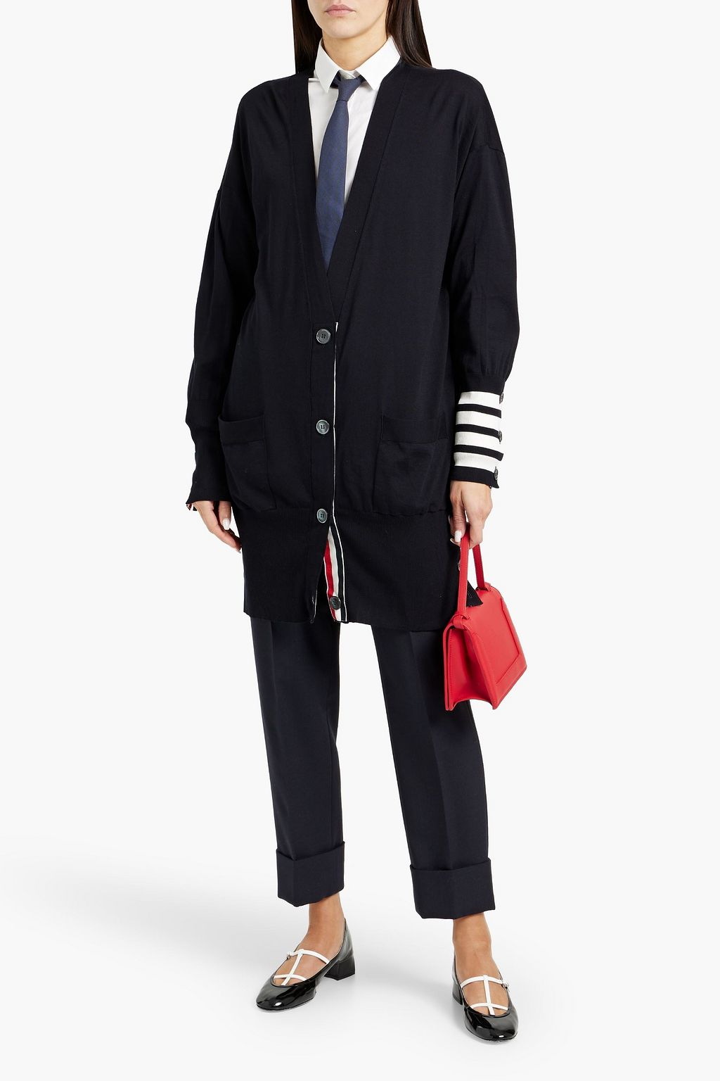 THOM BROWNE Striped silk and cotton-blend cardigan