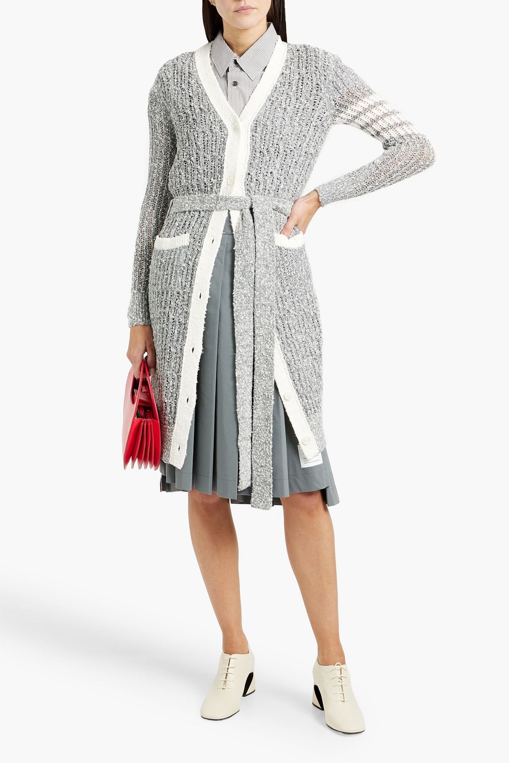 THOM BROWNE Striped bouclé-knit wool-blend cardigan