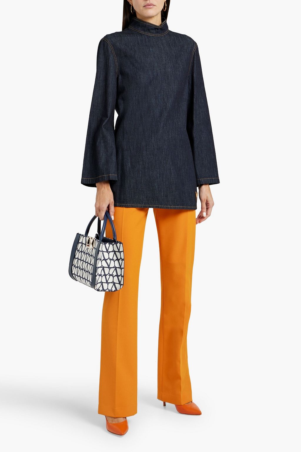 VALENTINO GARAVANI Embellished denim turtleneck top