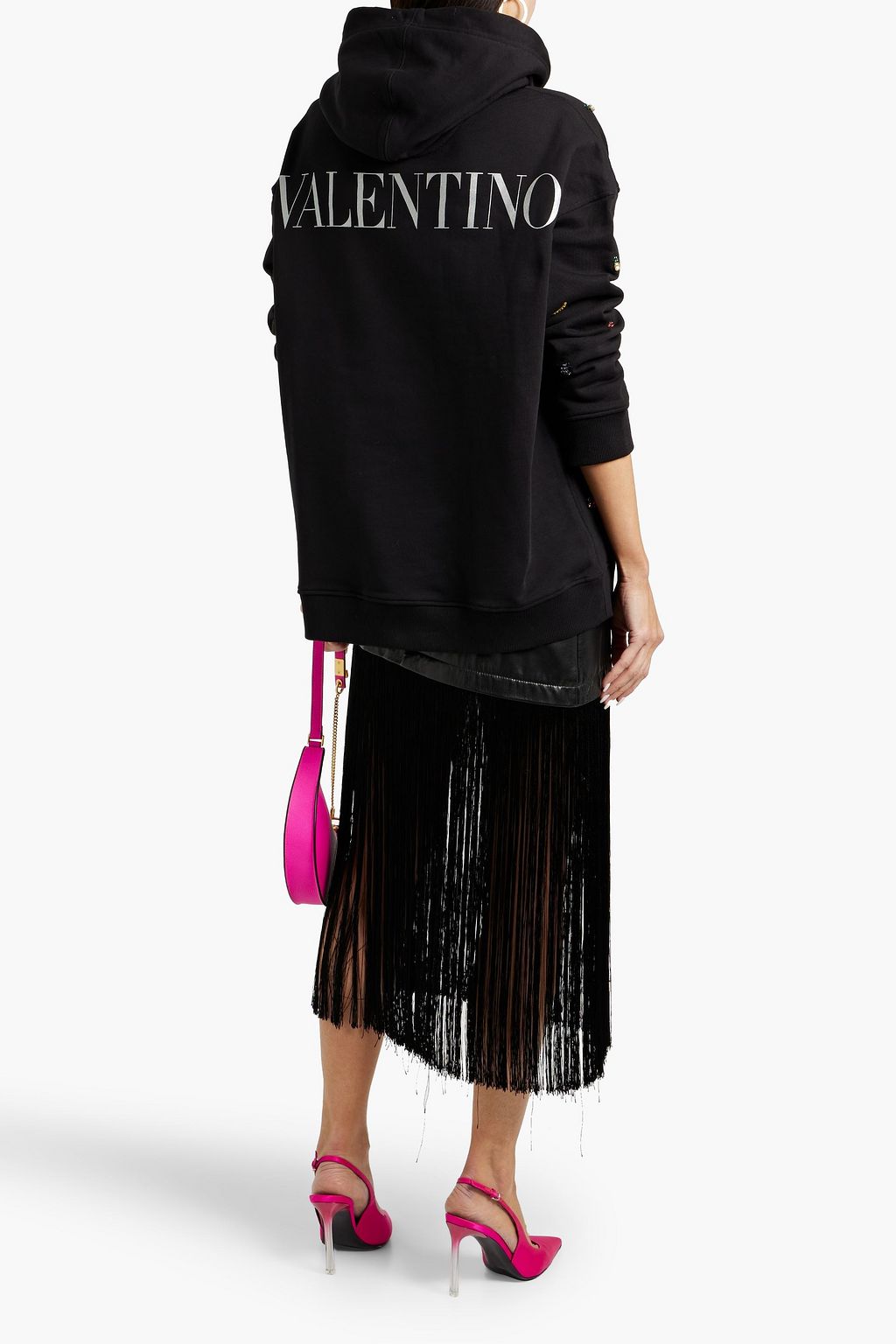 VALENTINO GARAVANI Crystal-embellished logo-print French cotton-terry hoodie