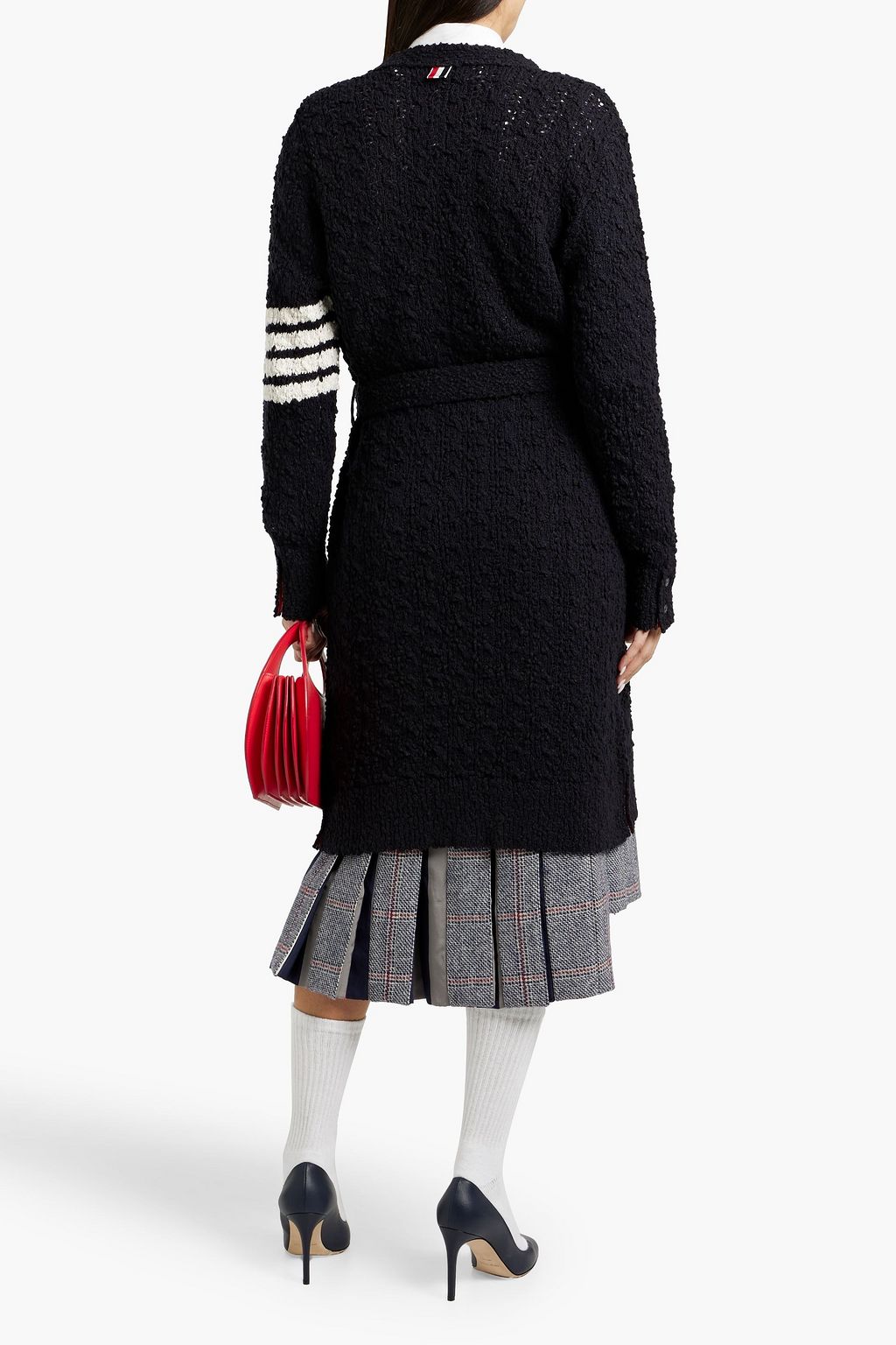THOM BROWNE Striped bouclé-knit cotton-blend cardigan