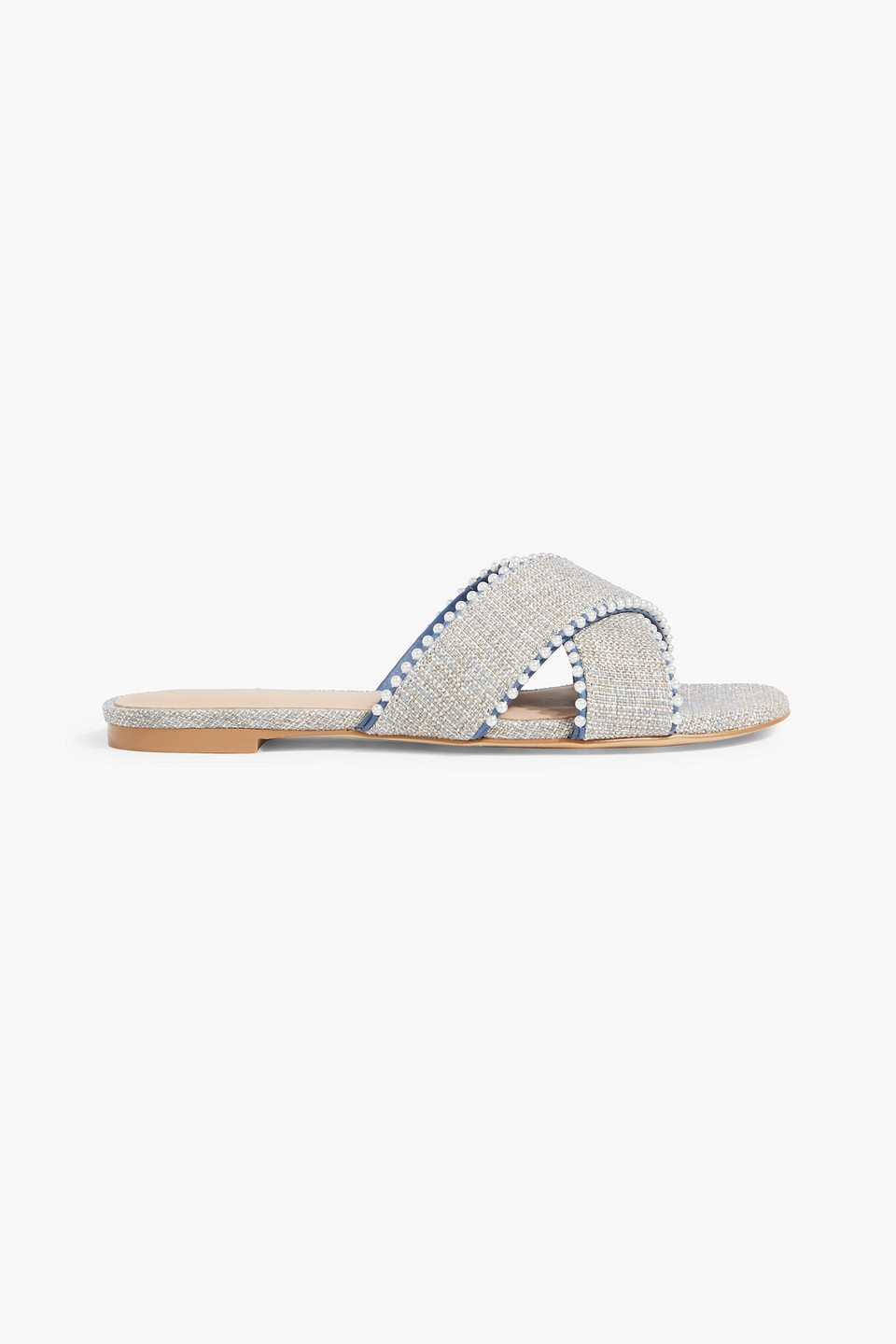 Stuart Weitzman Roza Faux Pearl-embellished Tweed Sandals In Light Blue