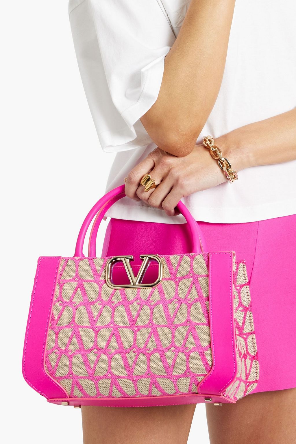 VALENTINO GARAVANI Toile Iconographe leather-trimmed canvas-jacquard tote