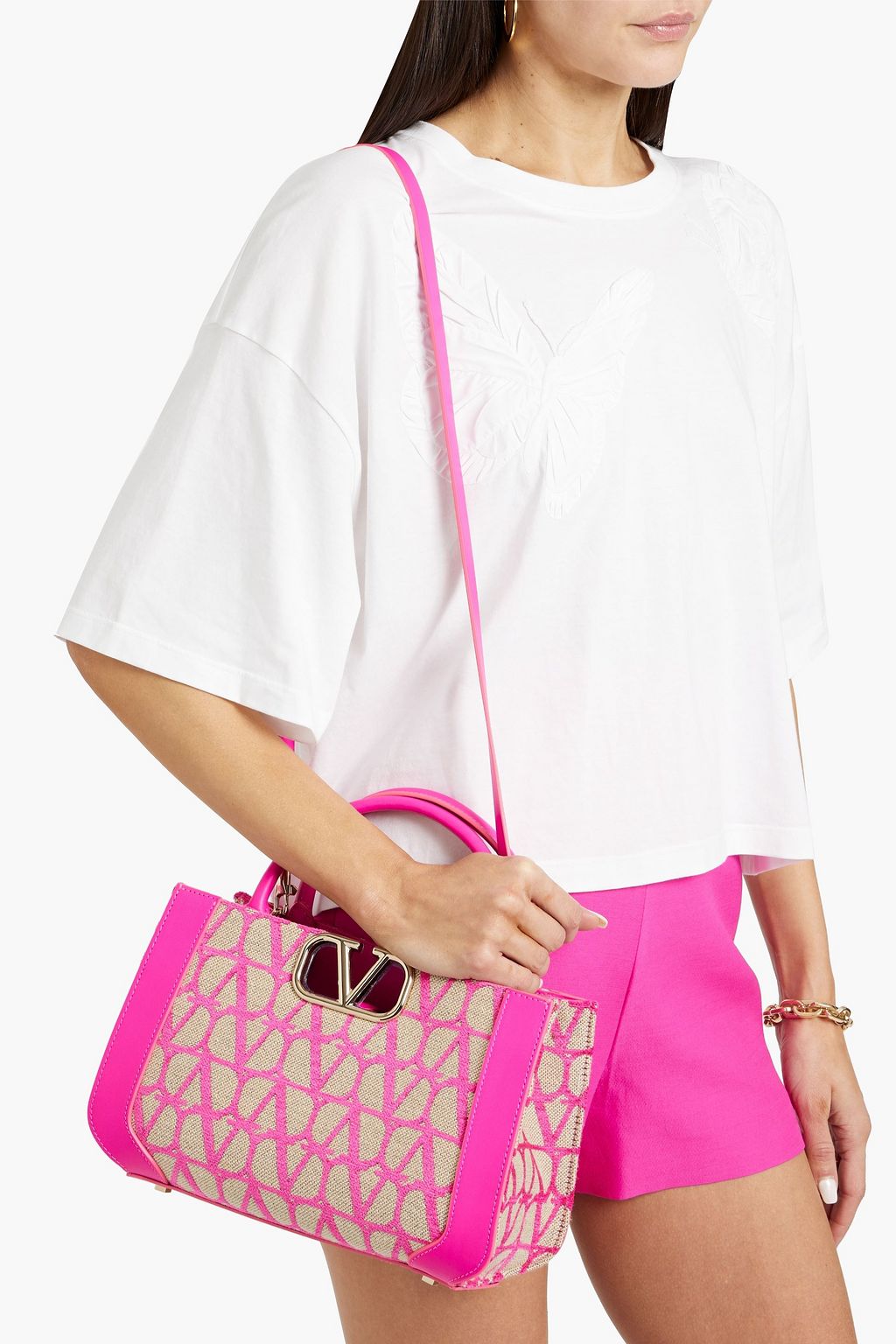 VALENTINO GARAVANI Toile Iconographe leather-trimmed canvas-jacquard tote
