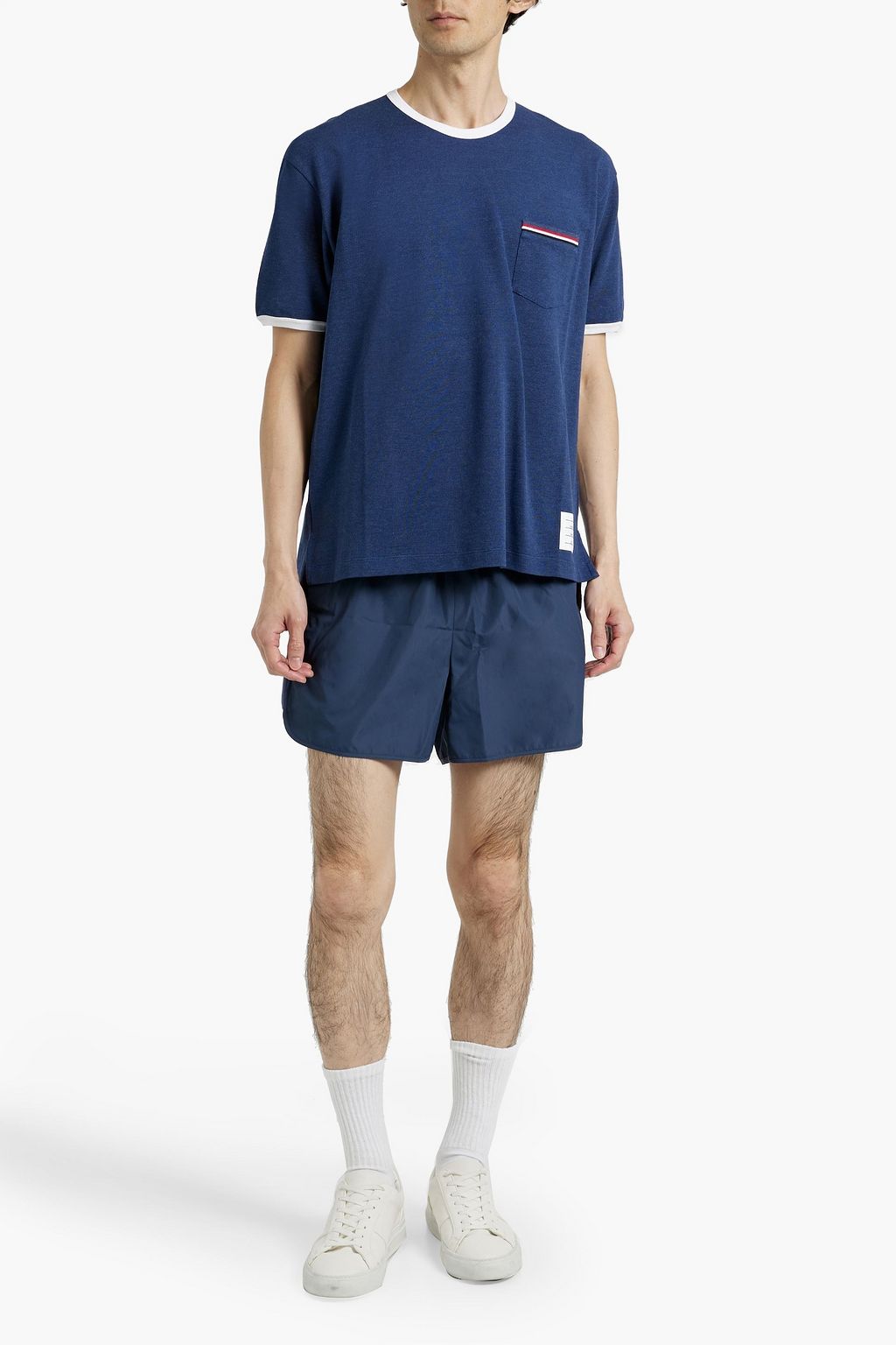 THOM BROWNE Striped knit-paneled shell shorts
