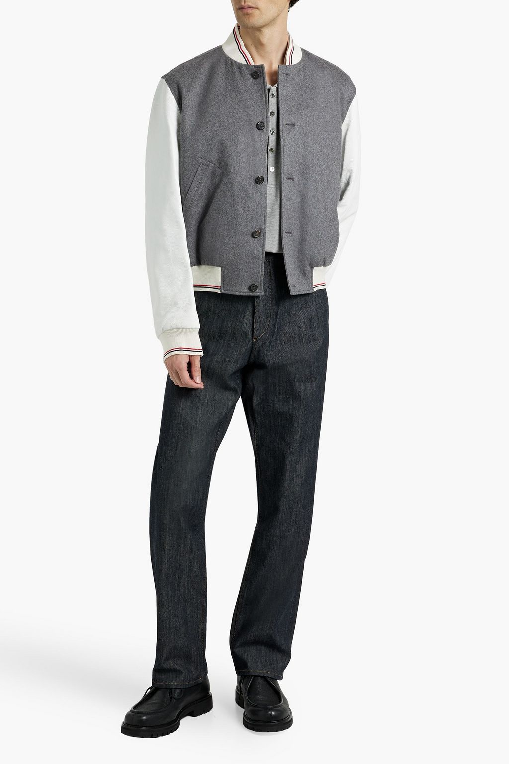 THOM BROWNE Embroidered cashmere-felt and leather bomber jacket
