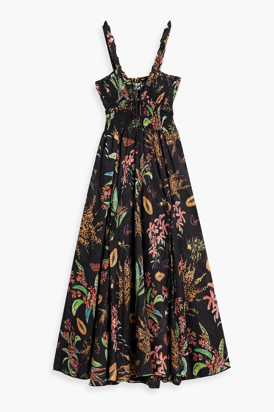 Charo Ruiz Shirred Printed Cotton-blend Voile Midi Dress In Black